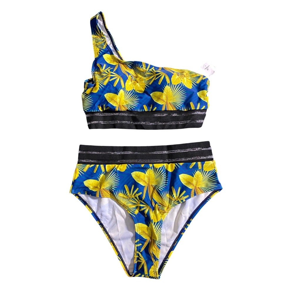 NWT Peddney One Shoulder Bikini Set Blue Yellow Tropical Print Swimsuit Size S